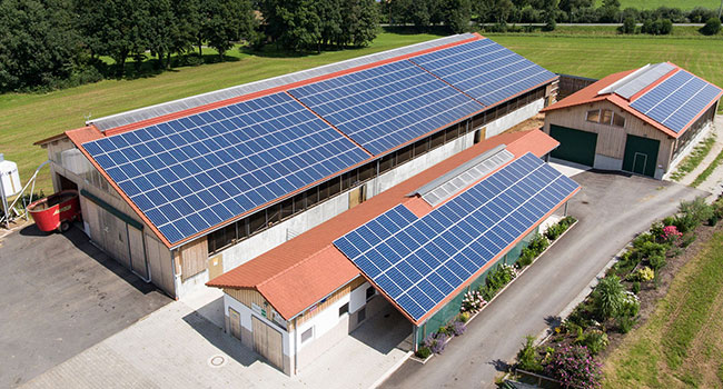 Dach mit blauen Solarpanels und grüner Umgebung in ländlicher Landschaft.